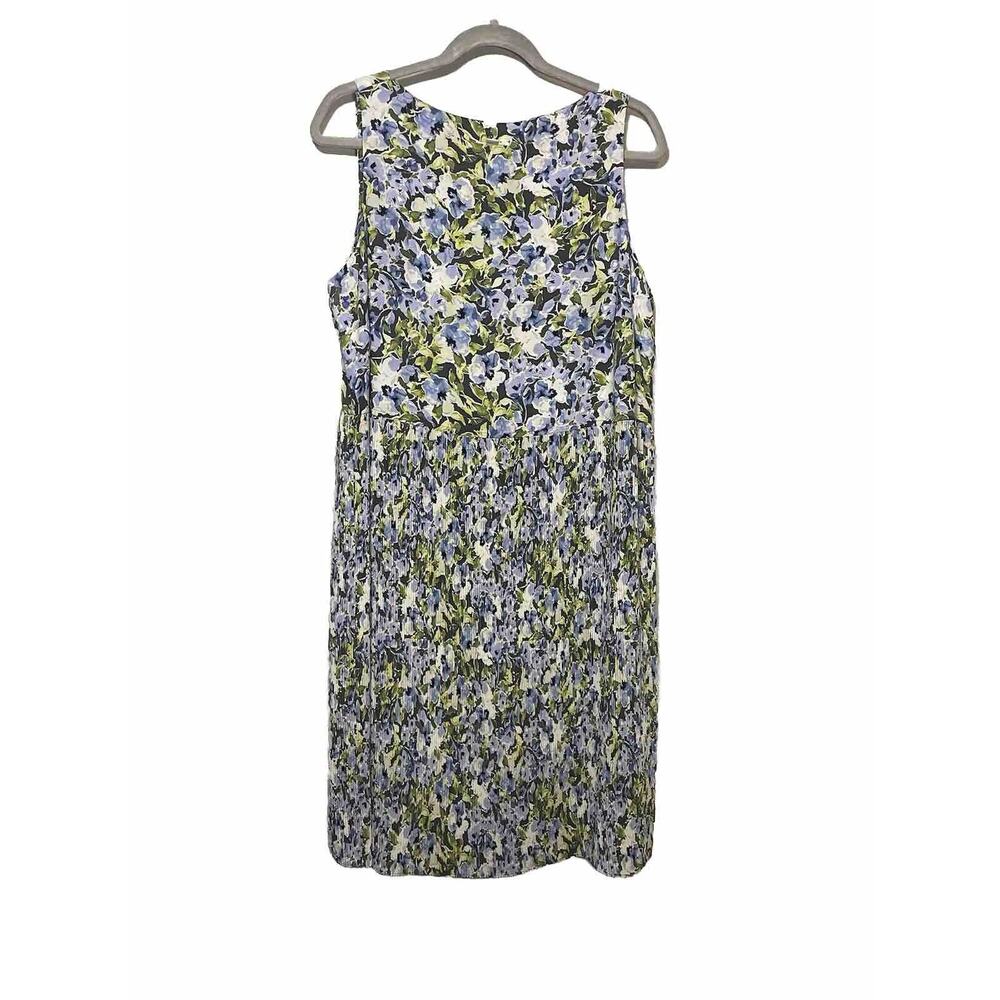 J Jill Blue Green Floral Print Pleated Sleeveless Dress Size Large Spring Summer